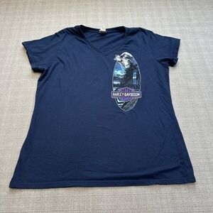Harley Davidson‎ T Shirt Ladies Large Cherohala Skyway Wolf Graphic V Neck